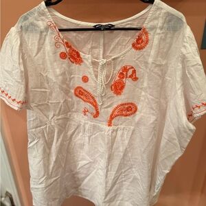 Unique Spectrum White and Orange Embroidered Blouse